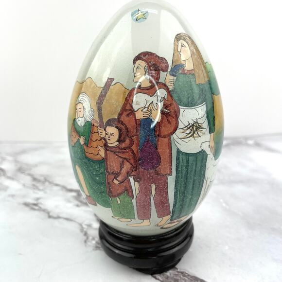 Hand Blown Glass Egg with Stand 1991 SMC in Box Religious Design Li Bien Painted - Picture 6 of 15